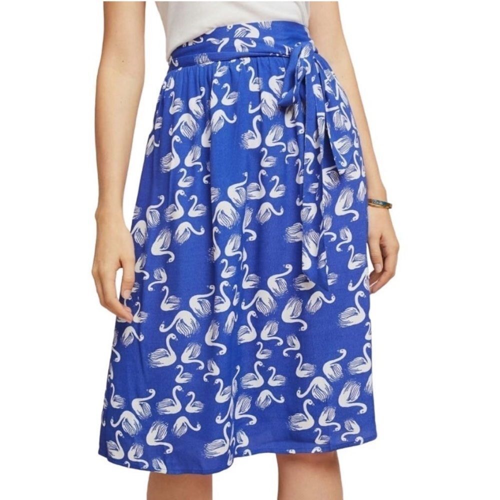 Anthropologie Porridge Blue Getaway Swan Belted A-Line Midi Skirt Size Small - Picture 1 of 7